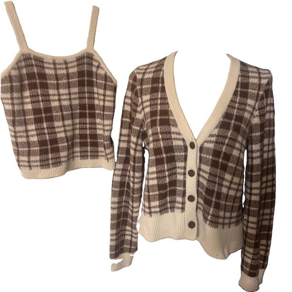 Its Our Time 2Pcs Set Knit Cardigan Crop Top Sz L Plaid Brown Beige Ribbed Cozy